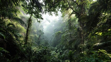 Obraz premium Thick greenery covers the forest floor while mist gently rises in the warm morning light.