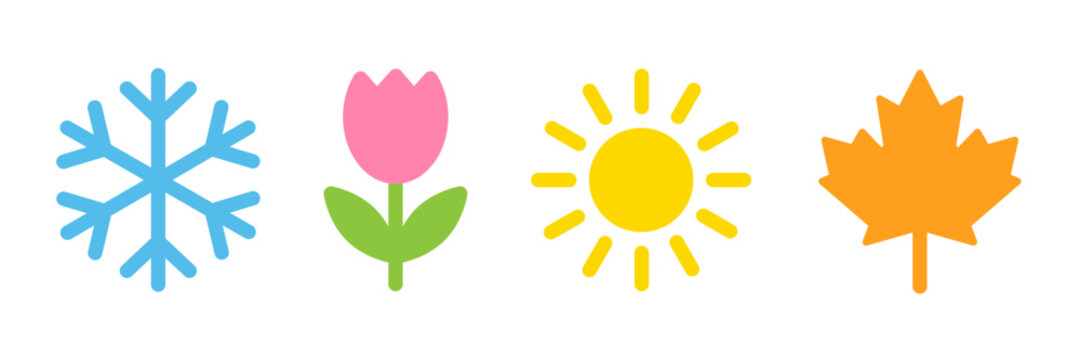 Four seasons icons. Symbols of winter, spring, summer and autumn with snowflake, flower, sun and fall leaf. Vector colorful design for weather, calendar, education projects.