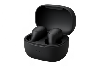 Black wireless earbuds in an open charging case, displaying portable sound technology on a transparent background