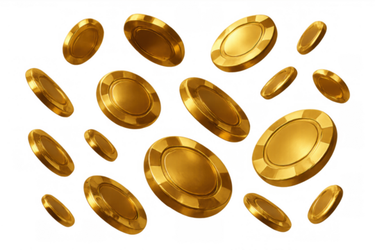 Golden casino chips falling, symbolizing gambling, wealth, betting, and big wins, isolated on a transparent background