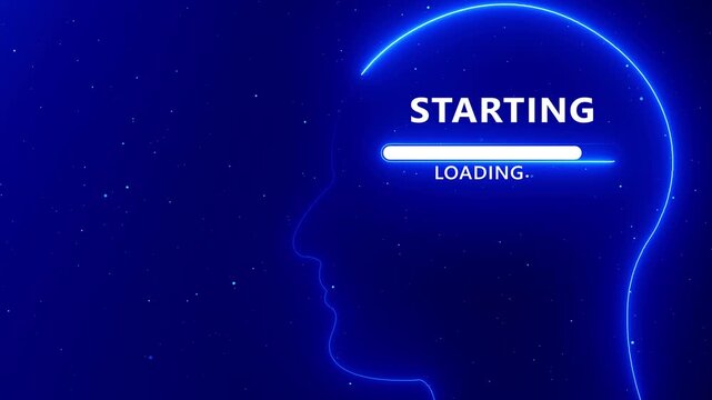 Neon blue outline of a human head profile with the word STARTING and a loading bar on a dark blue starry background