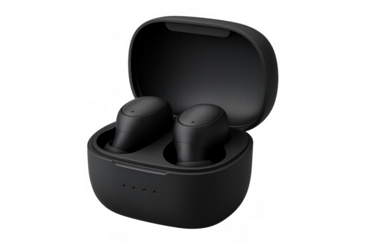 Black wireless earbuds in an open charging case, displaying portable sound technology on a transparent background