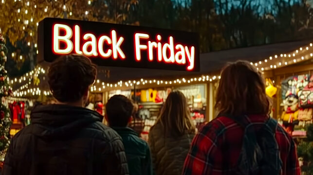 People are gathered outside a shop with a "Black Friday" sign and festive lights. Concept: seasonal shopping excitement. For holiday sale promotions. - Powered by Adobe