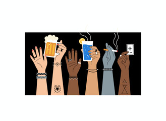 Vibrant flyer or poster template for a dance party showing raised male and female hands holding drinks, cocktails, and cigarettes, hand‑drawn for a club event announcement or invitation