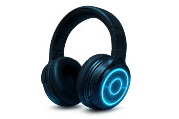 Futuristic wireless headphones glowing with blue neon light, embodying modern audio, gaming, and entertainment technology