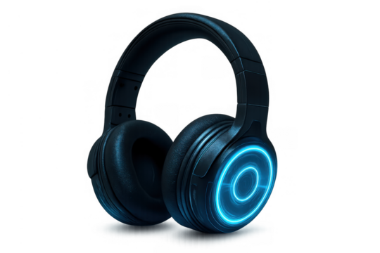 Futuristic wireless headphones glowing with blue neon light, embodying modern audio, gaming, and entertainment technology