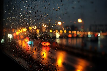 Rain-Covered Window with City Lights and Bokeh Reflections at Night