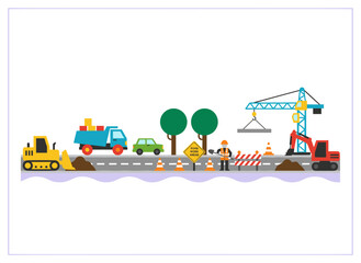 Fototapeta premium Adorable Scandinavian-style vehicles—trucks, buses, dump trucks, excavators, forklifts, taxis, and pickups—are presented as a set of child-friendly road transport toys, depicted in colored flat