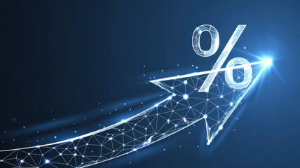 Abstract digital arrow up and percent polygonal symbols on technology blue background. The growth arrow consists of polygons, lines, and connected dots