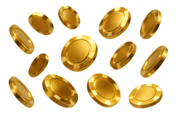 Golden poker chips flying and falling, representing casino gambling, wealth, betting, and big win jackpot prize