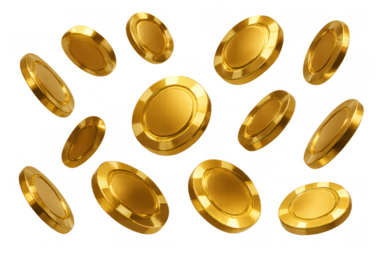 Golden poker chips flying and falling, representing casino gambling, wealth, betting, and big win jackpot prize - Powered by Adobe