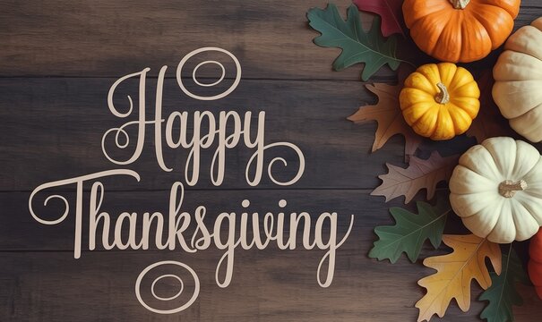 Thanksgiving Greeting Card Design with Pumpkins and Fall Leaves on Wooden Background