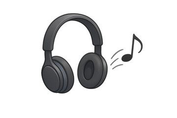 Black headphones playing music with a musical note icon. Listening to audio, sound, entertainment, and technology concept