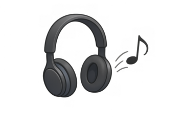 Black headphones playing music with a musical note icon. Listening to audio, sound, entertainment, and technology concept