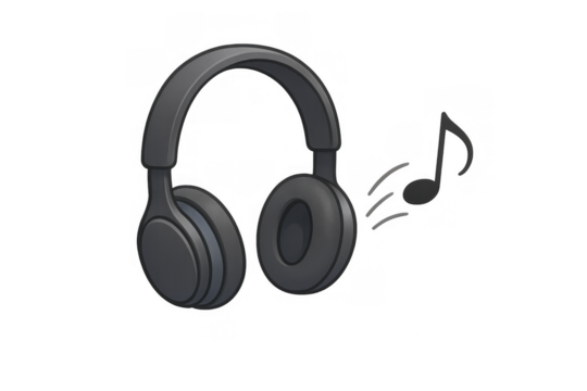 Black headphones playing music with a musical note icon. Listening to audio, sound, entertainment, and technology concept