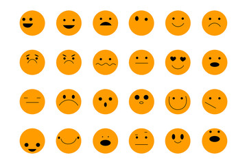 Set of 24 orange hand-drawn emoticons on black background, showing various facial expressions and emotions. Vector-style PNG for design, social media, and graphic projects. High resolution icons.