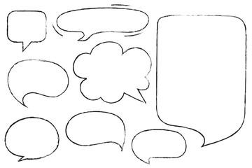 Hand-drawn black crayon, charcoal speech bubbles in various shapes. Rough textured dialogue balloons including square, oval, cloud, and rounded rectangle designs on white background for comics, texts