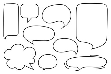 Hand-drawn black speech bubbles outlines in various shapes. Playful dialogue balloons including square, oval, cloud, and rounded rectangle designs on white background for comics, texts. High-res PNG