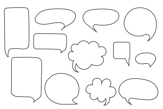 Hand-drawn black outline speech bubbles and thought clouds in various shapes. Collection of empty dialogue balloons including rectangular, oval, circular, and cloud designs. High-res isolated PNG