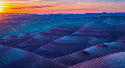 Scenic landscape featuring colorful rolling hills under an orange sunset sky, creating a calming effect and highlighting the beauty of nature