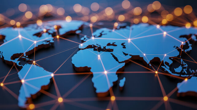 A computer generated world map with interconnected blockchain lines symbolizing the global reach and impact of this technology in protecting intellectual property. - Powered by Adobe