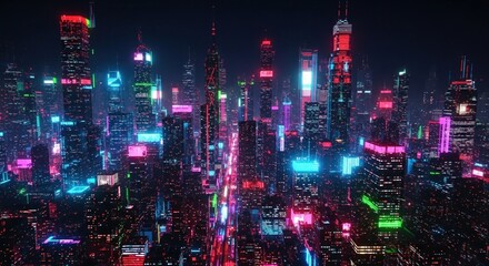  Futuristic city skyline made of RGB glitch lines and pixel distortion, neon skyscrapers glowing in cyberpunk tones