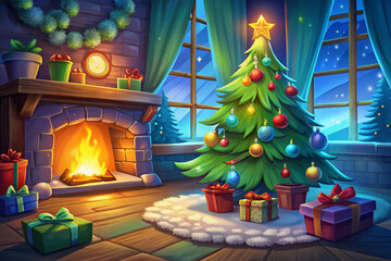 Glowing Christmas tree beside fireplace with wrapped gifts, warm light, and winter night outside window
