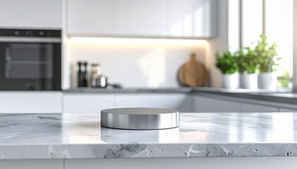Minimalist kitchen interior with a marble countertop and a metallic product podium