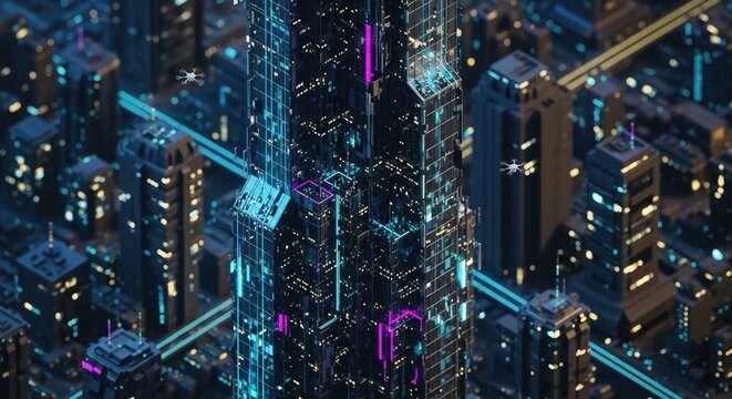 futuristic city with neon lights and futuristic skyscraper - Powered by Adobe
