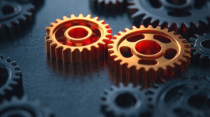 Metal Gears Interlocked on a Dark Surface Highlighting the Beauty of Mechanical Engineering