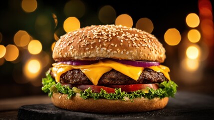 A delicious cheeseburger stacked with fresh ingredients and glowing warmly in the night.