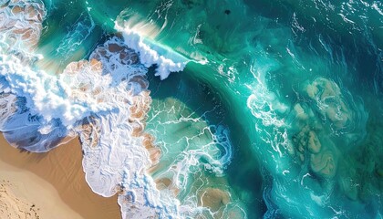 Aerial View of Turquoise Ocean Waves Crashing onto Sandy Beach with Sunlight Sparkling on Water
