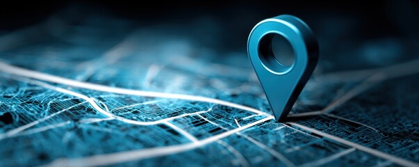 Blue digital map with a prominent location pin marker closeup.