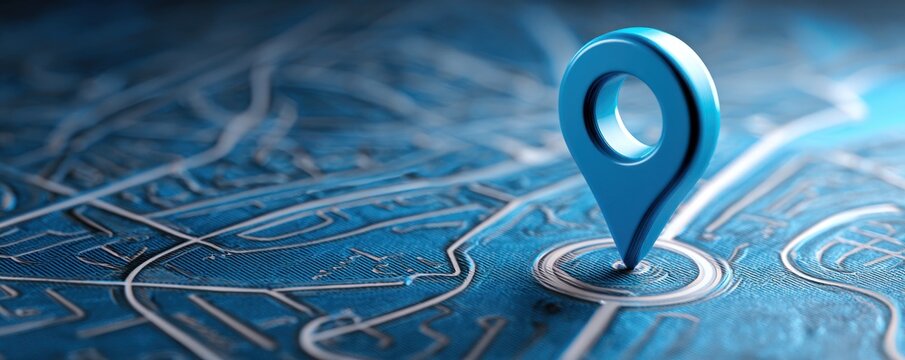 Blue location pin marking a spot on a textured map surface. - Powered by Adobe