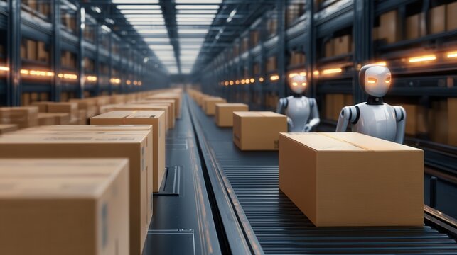 Robots Sorting Boxes in a Modern Warehouse During the Day - Powered by Adobe