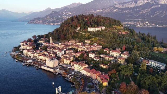 Aerial drone view of Menaggio waterfront and hillside

Drone view over Menaggio&rsquo;s charming waterfront lined with colorful buildings and the green hillside descending to Lake Como.
