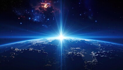 Brilliant Blue Starburst Illuminates Earths Horizon with Glowing City Lights and Starry Cosmos Above