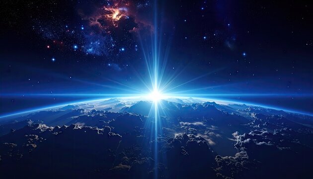 Brilliant Blue Starburst Illuminates Earths Horizon with Glowing City Lights and Starry Cosmos Above