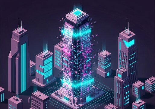 futuristic city with neon lights and buildings