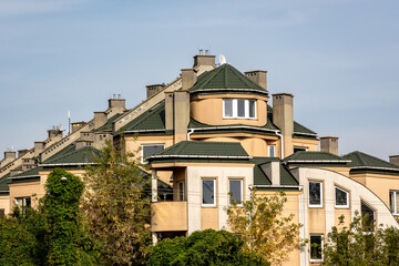 Residential row buildings in Nadwisle area in Warsaw city, Poland