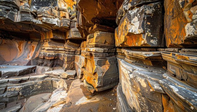 Close Up Of Textured Rock Formations With Orange And Grey Hues In Natural Sunlight With White Speckles - Powered by Adobe