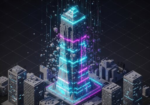 futuristic city with neon lights and buildings - Powered by Adobe