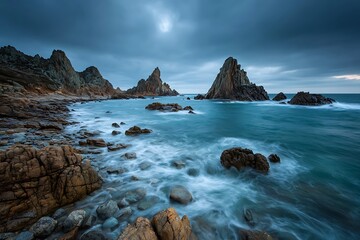 Dramatic Coastal Landscape with Jagged Rocks, Crashing Waves, and Overcast Sky.