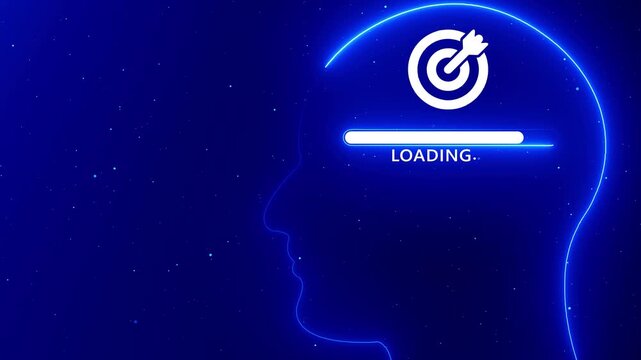 Human Head Silhouette with Neon Outline Loading Bar and Target Icon Representing Goal Achievement profile