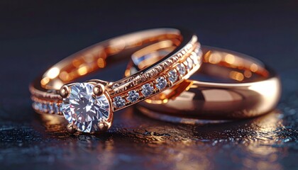 Rose gold wedding rings with diamonds, beautifully closeup, romance and luxury. Engagement, matching band set, couple, brilliant stone, love, commitment, bride and groom, precious, romantic,