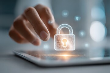 Hand interacts with digital padlock on tablet, symbolizing robust data security.