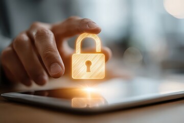 Hand holding a glowing digital padlock over a tablet, symbolizing data security and privacy.