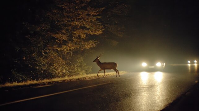 A deer cautiously walks across a quiet road illuminated by car headlights during the night.