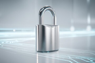 Silver padlock on futuristic digital circuit, symbolizing security and data protection.