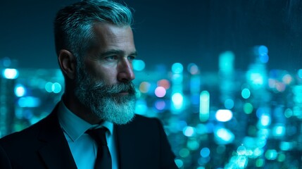 Experienced businessman contemplating city lights, projecting confidence and ambition in a modern, sophisticated urban environment at night.